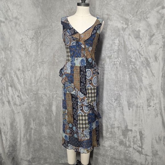 Believe Dress Sleeveless Midi Patchwork Ruffle Trim V Neck Blue Brown - Picture 1 of 8